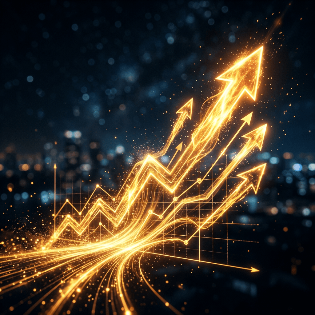 Glowing golden arrows rising upwards over a blurry cityscape background